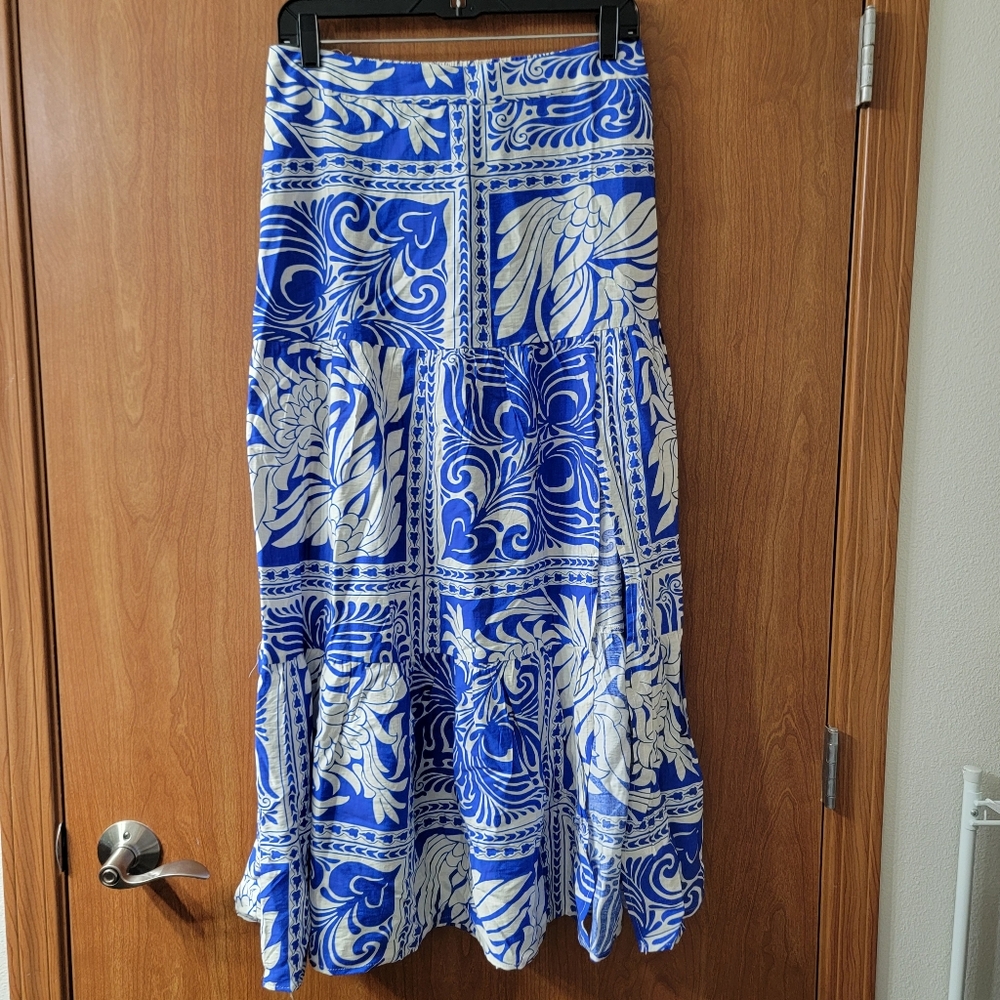 NWT Peach Clothing Blue/White Grecian Mediterranean Midi Skirt With Slit Large
